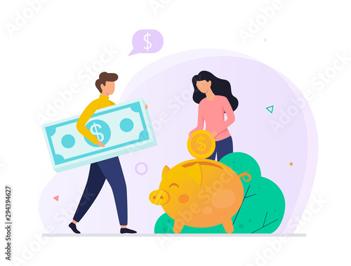 Money putting inside the piggy bank