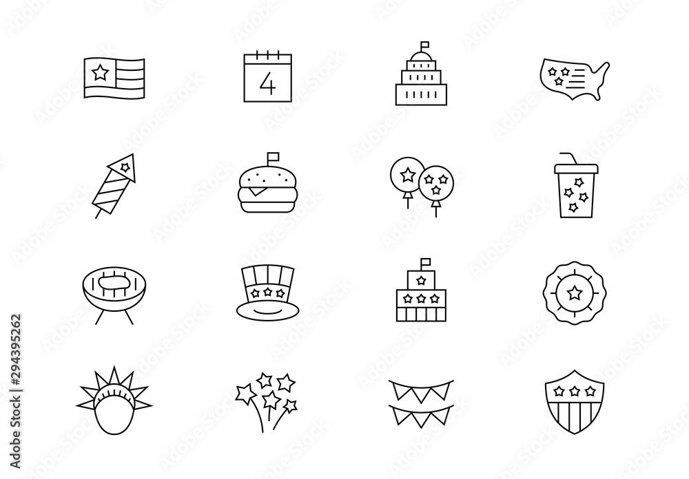 USA Independence Day celebration thin line vector icons. Editable stroke