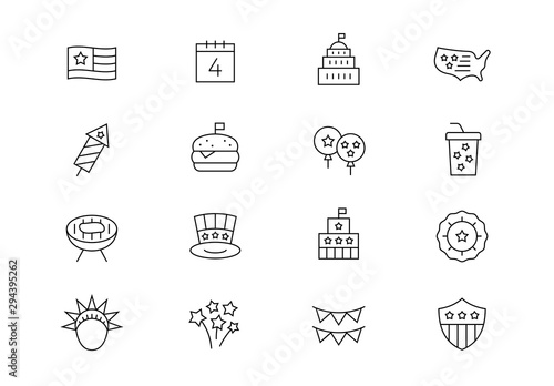 USA Independence Day celebration thin line vector icons. Editable stroke