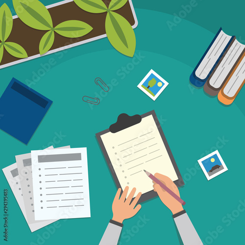 Study table and work desktop vector illustration. school lesson studying and educational elements top view.
