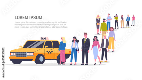 Queue to the yellow taxi car. Idea of transportation service