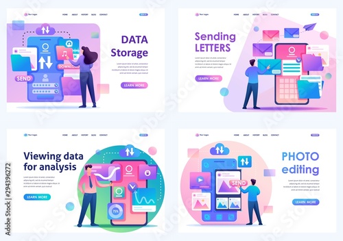 Set Flat 2D concepts Photo editing, data storage, viewing data, sending letters. For Landing page concepts and web design