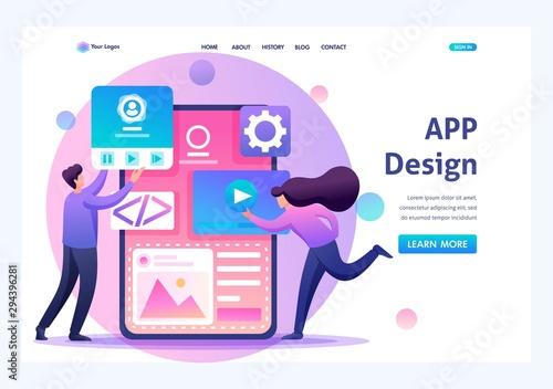 Young people are engaged in mobile application design, website pages development. Flat 2D character. Landing page concepts and web design