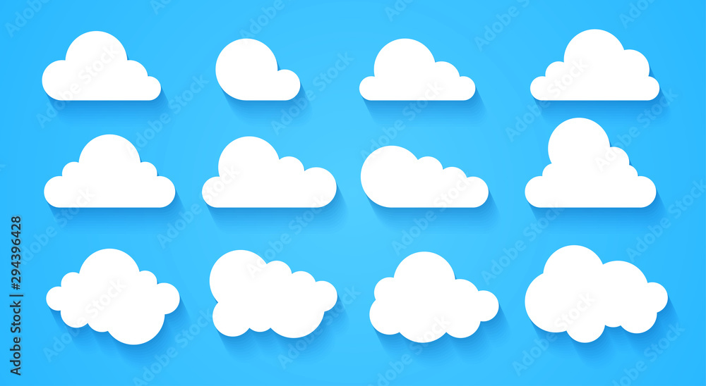 Clouds set isolated on a blue background. Simple cute cartoon design. Modern icon or logo collection. Realistic elements. Flat style vector illustration. Clouds set isolated on a blue background. Simple cute cartoon design. Modern icon or logo collection. Realistic elements. Flat style vector illustration.
