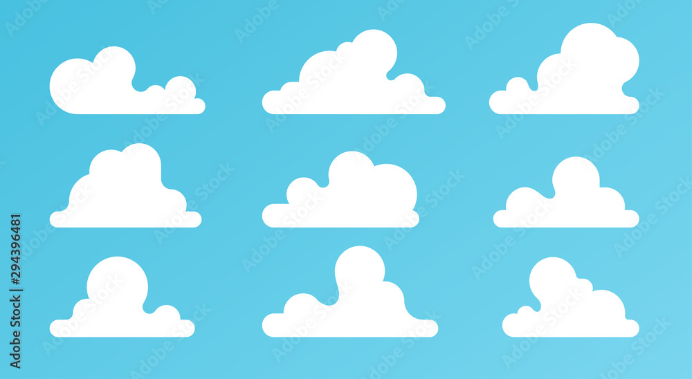 Fototapeta premium Clouds set isolated on a blue background. Simple cute cartoon design. Modern icon or logo collection. Realistic elements. Flat style vector illustration.