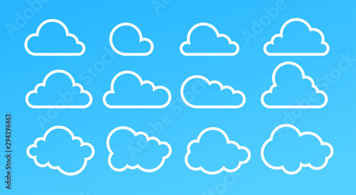 Clouds set isolated on a blue background. Simple cute cartoon design. Modern icon or logo collection. Realistic elements. Flat style vector illustration.
