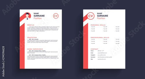 Vector CV template. Red and white color mock up set. Modern colorful icon collection. Simple realistic design. Cute cartoon style. Flat style illustration.