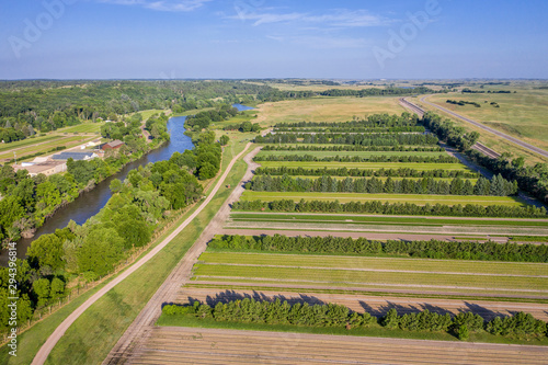 farmland and river in Nebraska Sandhills aerial view