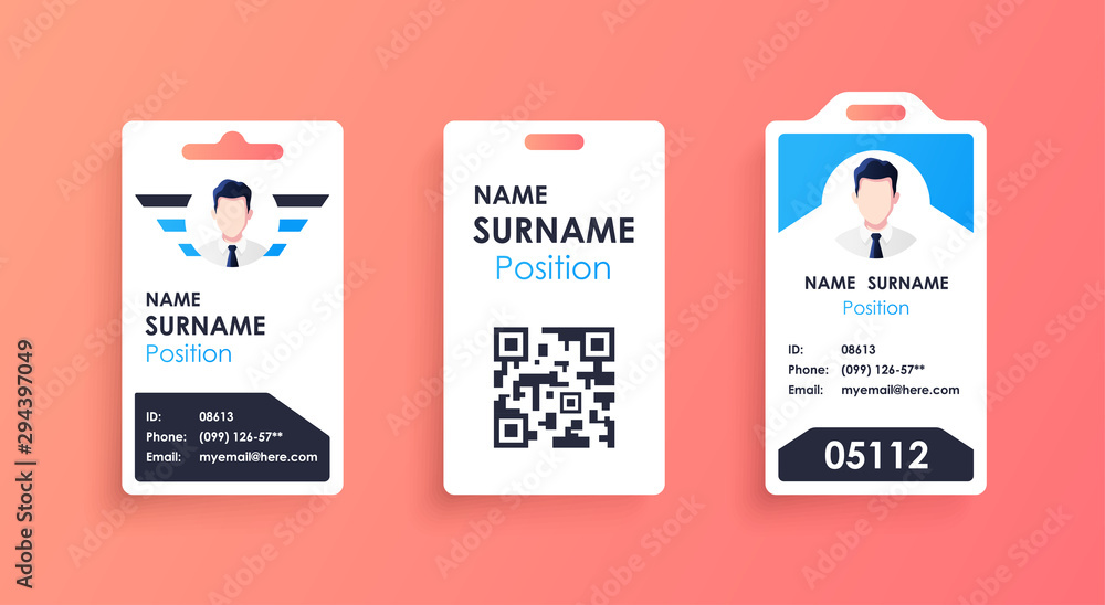 Fototapeta premium Vector id card template with clasp and lanyard. Blue and white color mock up set. Modern colorful icon collection. Employee ID. Simple realistic design. Cute cartoon style. Flat style illustration.