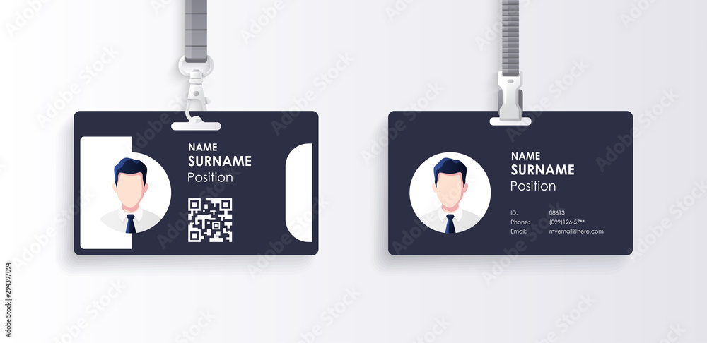Horizontal id card template with clasp and lanyard. Blue and white color mock up set. Modern colorful icon collection. Employee ID. Simple realistic design. Cute cartoon style. Flat style illustration - obrazy, fototapety, plakaty 