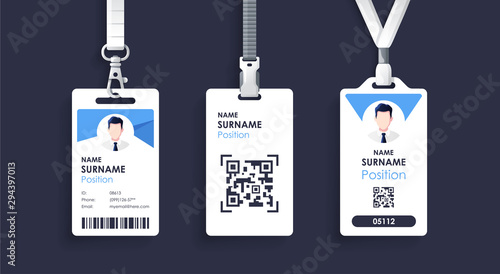 Vector id card template with clasp and lanyard. Blue and white color mock up set. Modern colorful icon collection. Employee ID. Simple realistic design. Cute cartoon style. Flat style illustration.