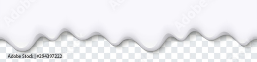Seamless creamy liquid, yogurt cream, ice cream or milk melting and flowing on transparent background. White drips. Simple cartoon design. Template for banner or poster. Realistic vector illustration.