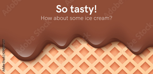 Seamless creamy liquid, yogurt cream, ice cream or chocolate melting and flowing on a waffle. Brown creamy drips. Simple cartoon design. Background for banner. Realistic vector illustration.