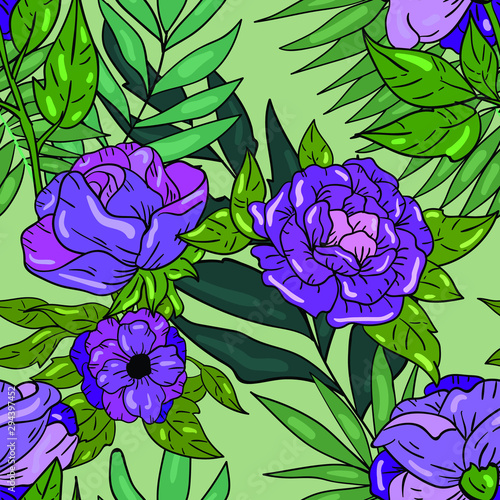 Seamless vector pattern with purple roses, blossom and leaves on green background. Good for printing. Wallpaper, fabric and textile design. Wrapping paper pattern. Cute design.