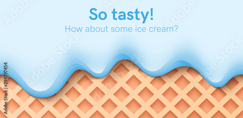 Seamless creamy liquid, yogurt cream, ice cream or milk melting and flowing on a waffle. Blue mint creamy drips. Simple cartoon design. Background for banner. Realistic vector illustration.