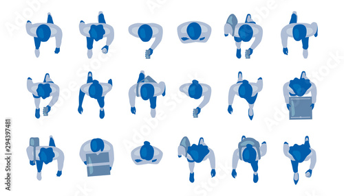Top view of people set isolated on a white background. Men and women. View from above. Male and female characters. Simple flat cartoon design. Realistic vector illustration.