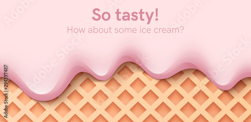 Seamless creamy liquid, yogurt cream, ice cream or milk melting and flowing on a waffle. Pink cherry creamy drips. Simple cartoon design. Background for banner. Realistic vector illustration.