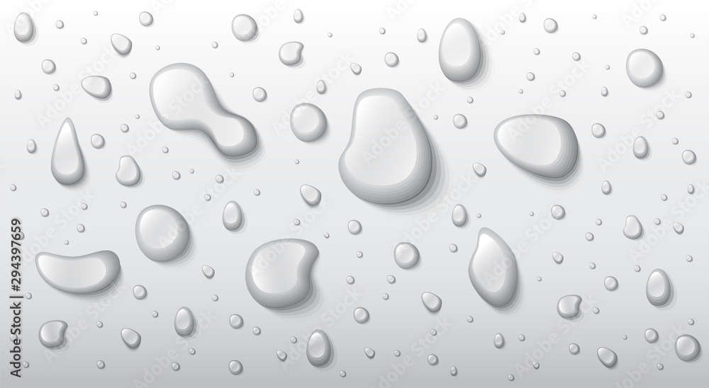 Vector water drops set isolated on a transparent background. Realistic illustration. Pure clear liquid. Different shapes.