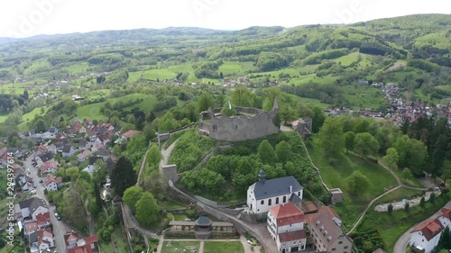 Aerial view, flight tof the castle Lindenfels, Medieval town Lindenfels, Bergstrasse, Hesse, Germany photo