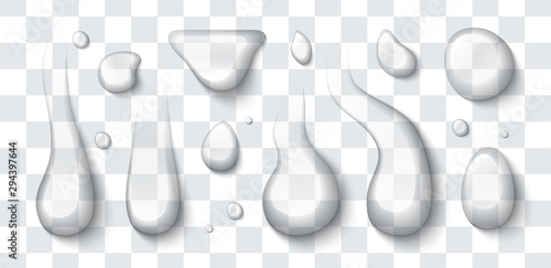 Vector water drops set isolated on a transparent background. Realistic illustration. Pure clear liquid. Different shapes.