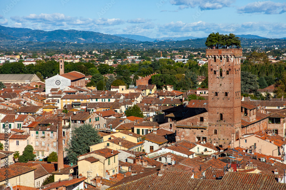 Panorama di Lucca dall'alto, con la Torre Guinigi e i suoi alberi