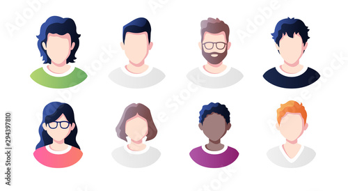 People avatars set isolated on a white background. Profile picture icons. Male and female faces. Cute cartoon modern simple design. Beautiful colorful template. Flat style vector illustration.
