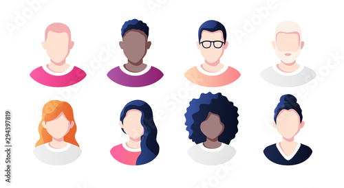 People avatars set isolated on a white background. Profile picture icons. Male and female faces. Cute cartoon modern simple design. Beautiful colorful template. Flat style vector illustration.