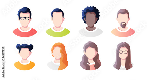 People avatars set isolated on a white background. Profile picture icons. Male and female faces. Cute cartoon modern simple design. Beautiful colorful template. Flat style vector illustration.