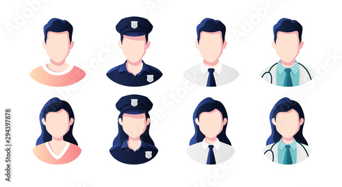 Profession, occupation people avatars set isolated. Policeman, doctor, office worker. Profile picture icons. Male and female faces. Cute cartoon modern simple design. Flat style vector illustration.
