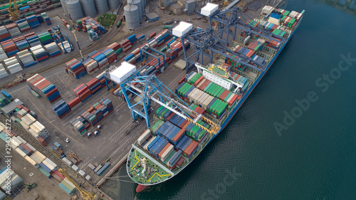 Container terminal aerial view. Container terminal of seaport with bird's eye view.