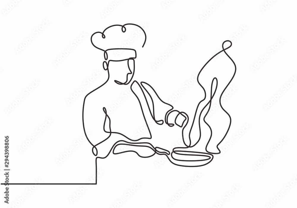continuous line drawing of chef cooking big meal food vector ...