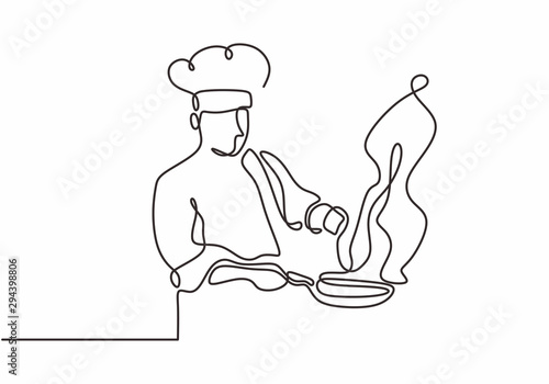 continuous line drawing of chef cooking big meal food vector illustratiom