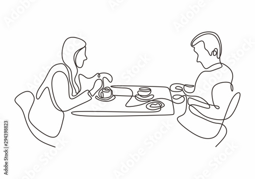 One line drawing of couple of man and woman eating vector illustration single hand drawn continuous sketch design.