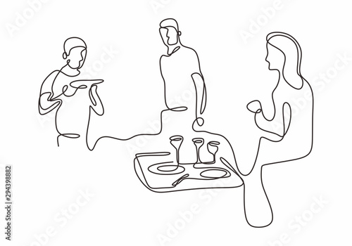 continuous line drawing of company of friends dining in restaurant. One hand drawn people group enjoy dinner time.