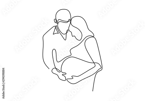 Continuous line drawing of Happy pregnant woman and father, silhouette picture of mother famility time.