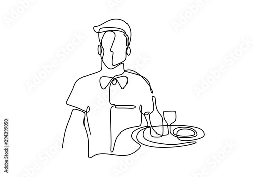 waitress holding a serving tray continuous one line drawing. Character employee of a cafe, a restaurant at work.