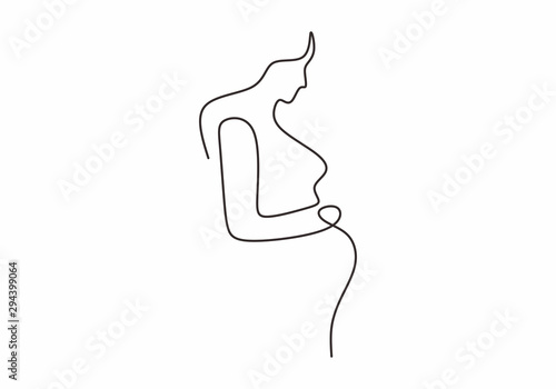 Continuous line drawing of Happy pregnant woman, silhouette picture of mother.