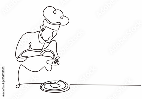 single one line drawing of chef preparing food vector illustration. Minimalism handdrawn sketch design simplicity style.