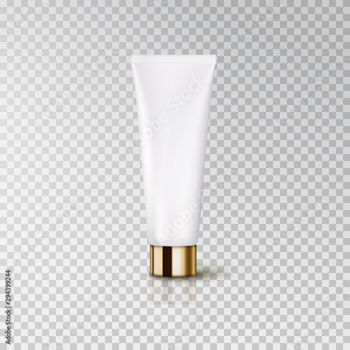 Cosmetic empty tube packaging with plastic, glossy metal gold cap isolated on transparent background. Vector white package for cream, gel.