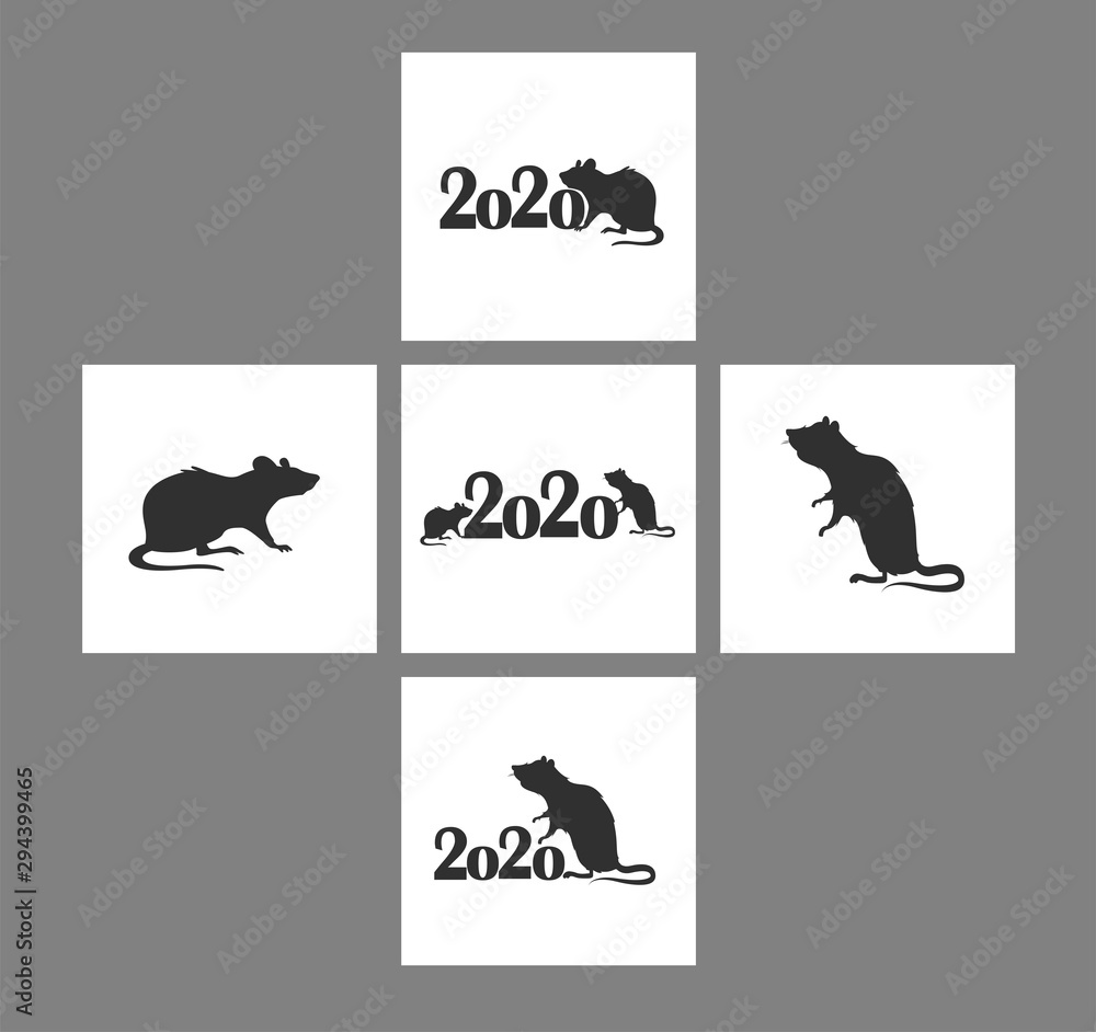 Vector set of icons - rat and 2020. The new year 2020 is the year of the rat according to the eastern calendar. Chinese New Year. Rat silhouette close up