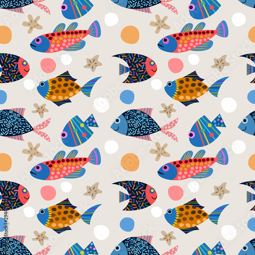 Colurful hand draw fish seamless pattern.