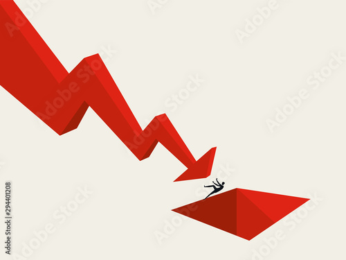 Business and financial crisis and depression vector concept with businessman pushed into hole by downward arrow.