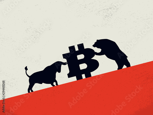 Bear vs bull on bitcoin cryptocurrency market vector concept. Symol of investment, buy, sell strategy, profit and loss.