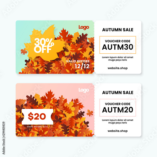 Autumn sale fall season gift voucher card template design collection with coupon code on dry leaves background vector illustration