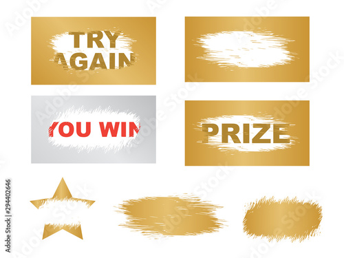 Template cards with scratch and win letters. Lottery scratch and win game card background.