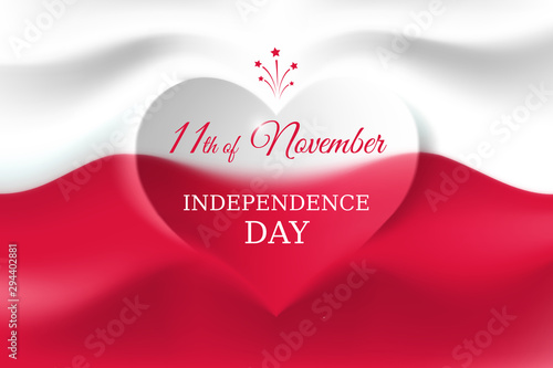 November 11, poland independence day, polish flag in the shape of a heart. Background with a waving flag. National holiday. November 11 vector template, Poland Independence Day