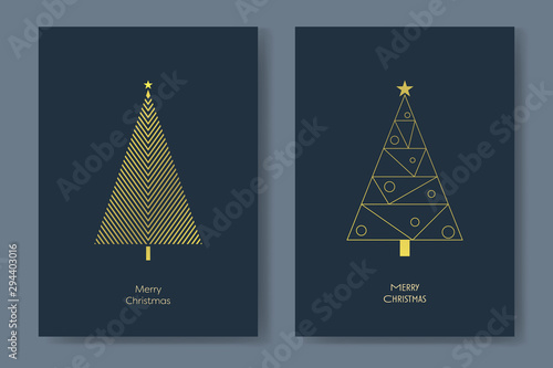 Two christmas tree card vector templates with modern shape geometric lines xmas trees. Winter holiday postcard or poster in letter format.