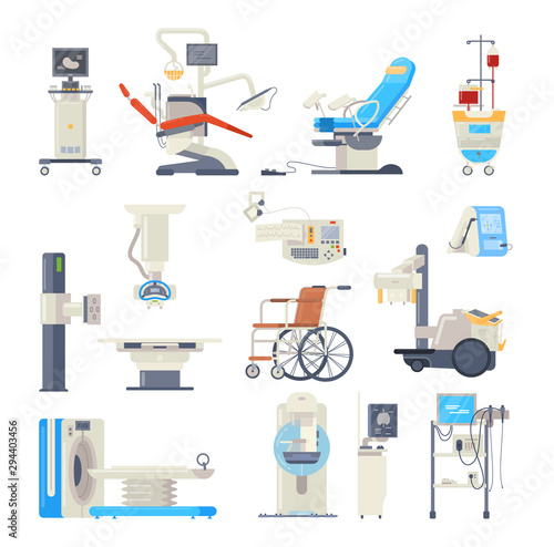 Set of hospital medical equipment. Medical devices. Health system, monitoring.