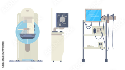 FGS apparatus installation, digital mammograph, ultrasound scanner vector cartoon