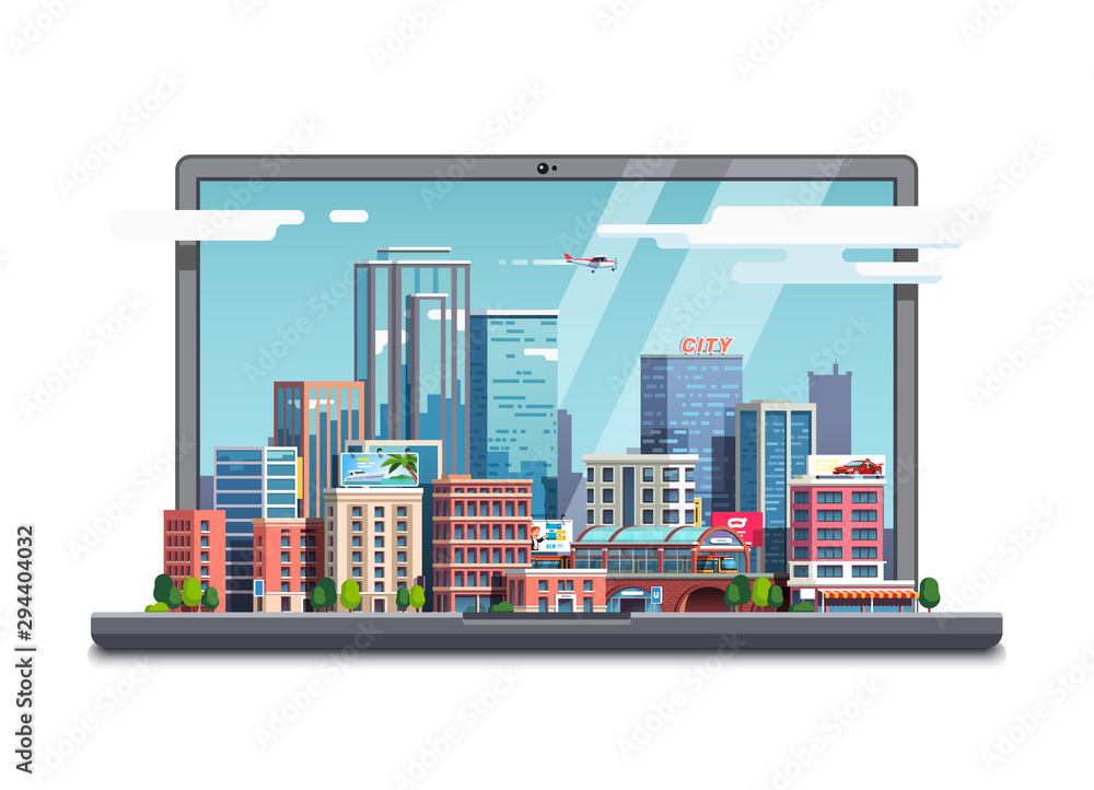 City downtown display on laptop computer screen